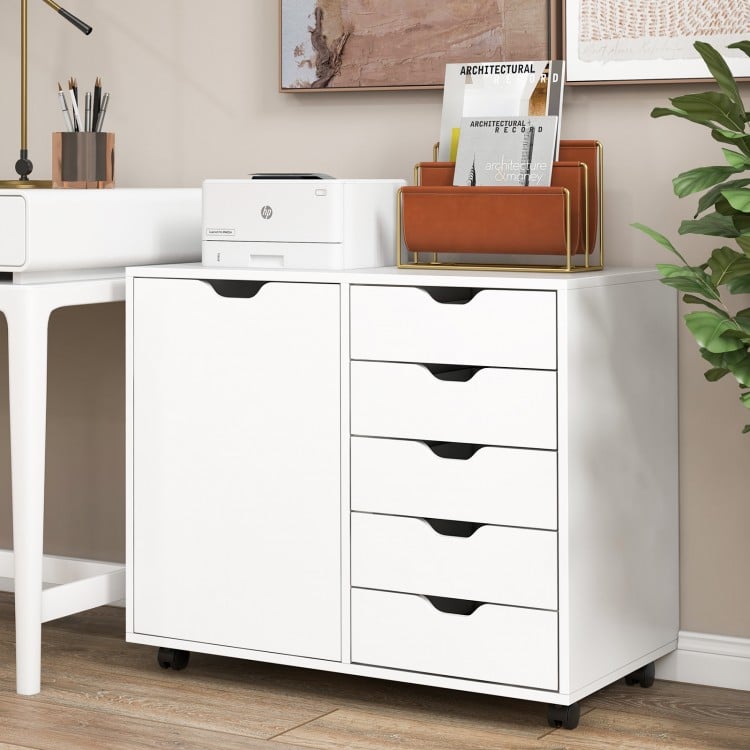 5-drawer mobile storage cabinet in white with a side door, ideal for office or living room organization.