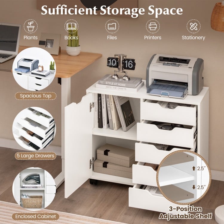 5-drawer mobile storage cabinet in white with spacious top, adjustable shelf, and wheels for easy movement in any room.
