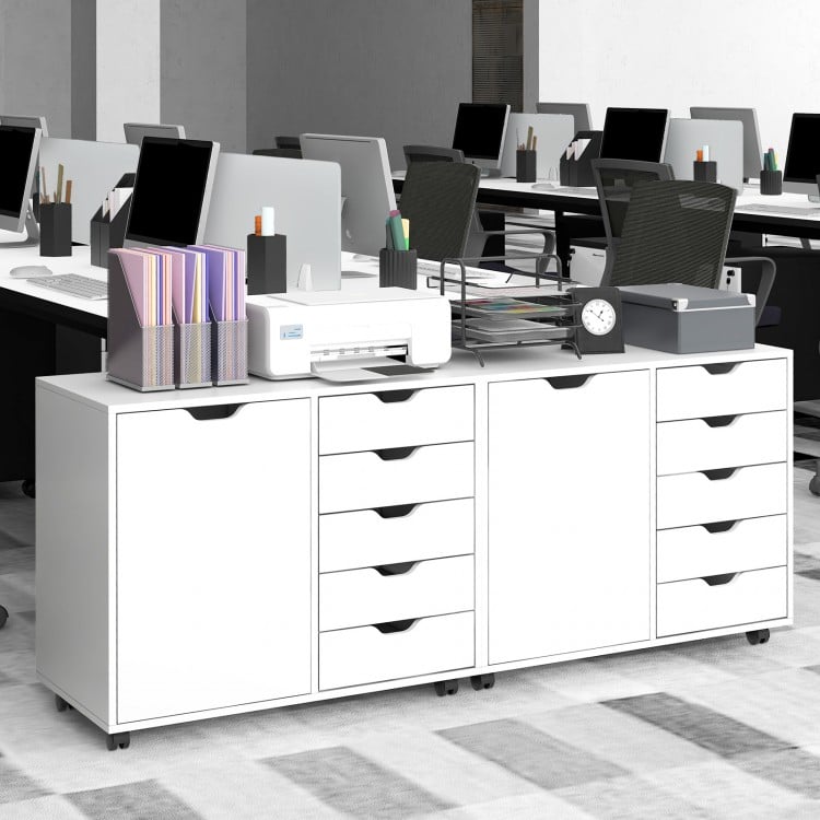 5-drawer mobile storage cabinet in white with side door, ideal for office organization and printer placement.