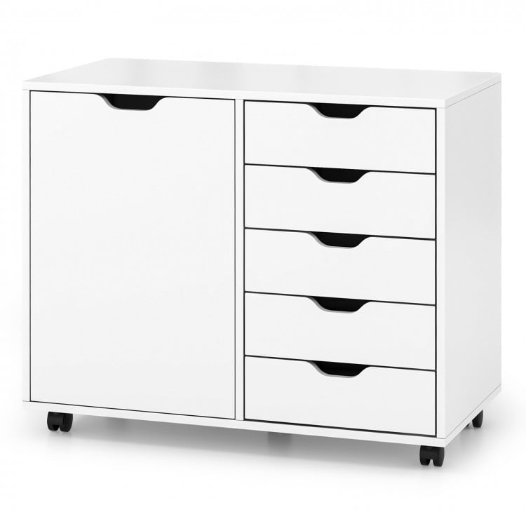 5-drawer mobile storage cabinet in white with side door, ideal for office or bedroom organization and easy mobility.