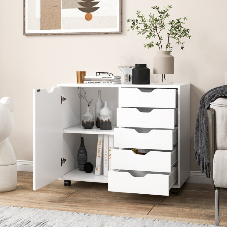 5-drawer white mobile storage cabinet with side door, ideal for office or living room, featuring smooth sliding rails.