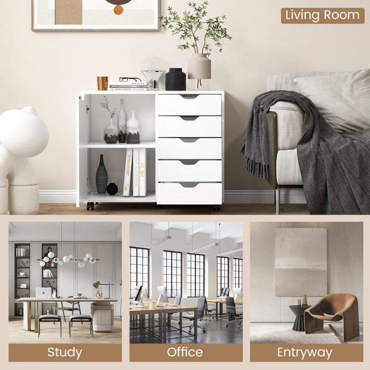 5-drawer mobile storage cabinet in white with side door, ideal for office or living room organization.