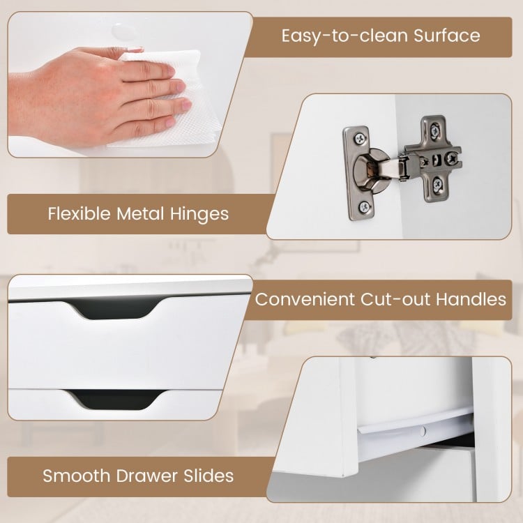Close-up of the 5-drawer dresser chest's flexible metal hinges and easy-to-clean surface, ideal for versatile storage.