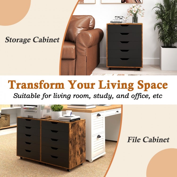 5-drawer mobile lateral filing cabinet in rustic brown with wheels, ideal for home office or living room storage.