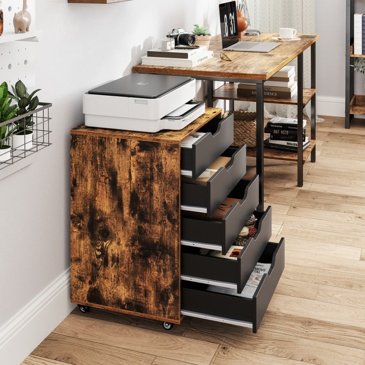 5-drawer mobile lateral filing cabinet in rustic brown with wheels, ideal for home office storage and organization.