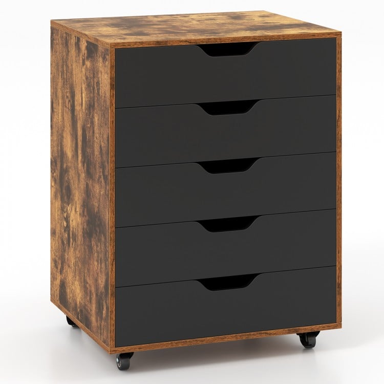 5-drawer mobile filing cabinet in rustic brown with wheels, ideal for home office or living room storage.