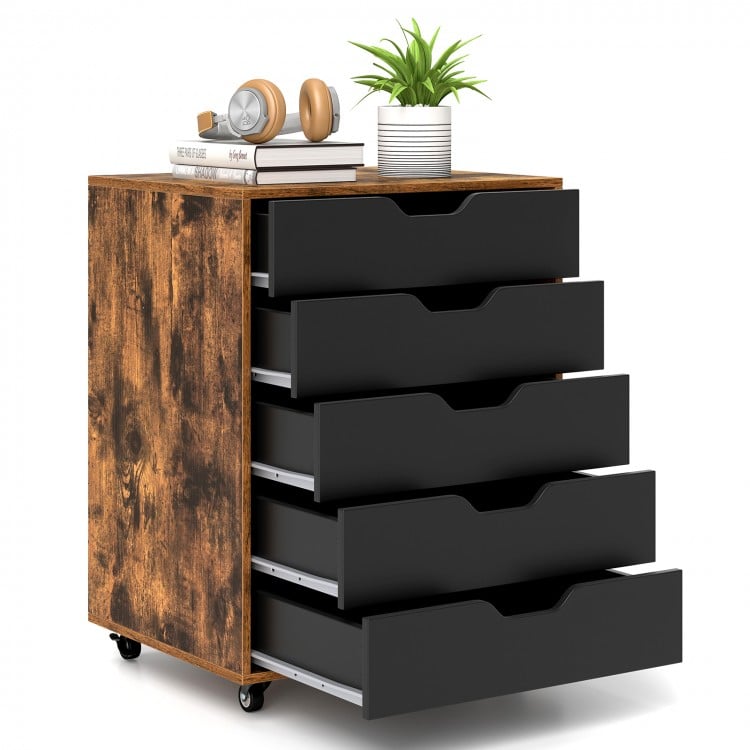 Mobile lateral filing cabinet in rustic brown with five drawers, ideal for home office storage and easy mobility on.
