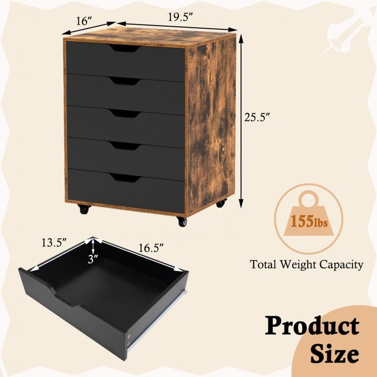 5-drawer mobile filing cabinet in rustic brown with wheels, ideal for home office storage and easy mobility.