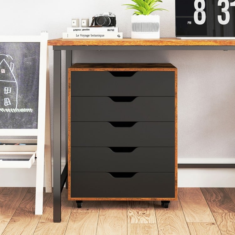 Mobile lateral filing cabinet with five drawers, rustic brown finish, on wheels for easy movement in home office.