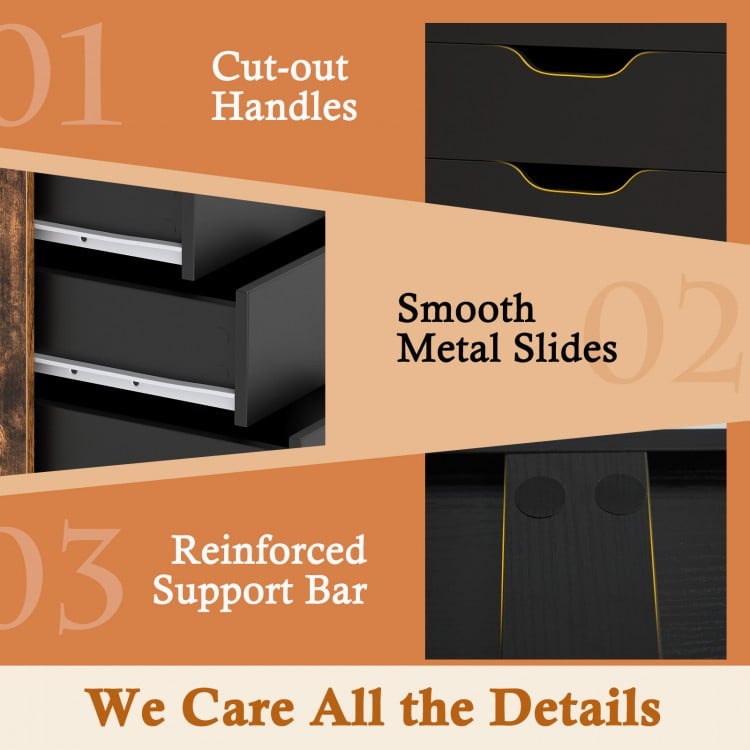 5-drawer mobile lateral filing cabinet in rustic brown with cut-out handles and smooth metal slides for easy access.