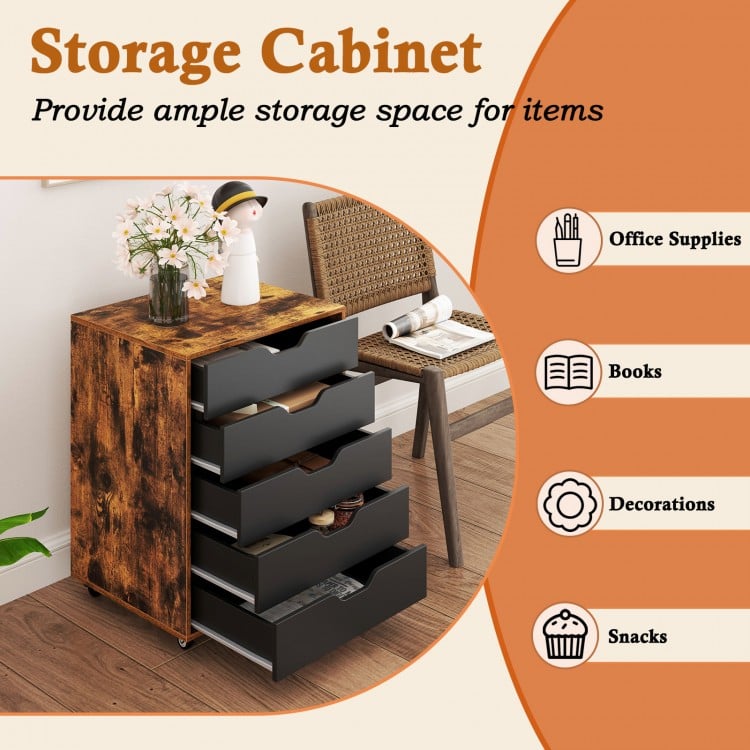 5-drawer mobile lateral filing cabinet in rustic brown, featuring wheels for easy movement, ideal for office supplies.