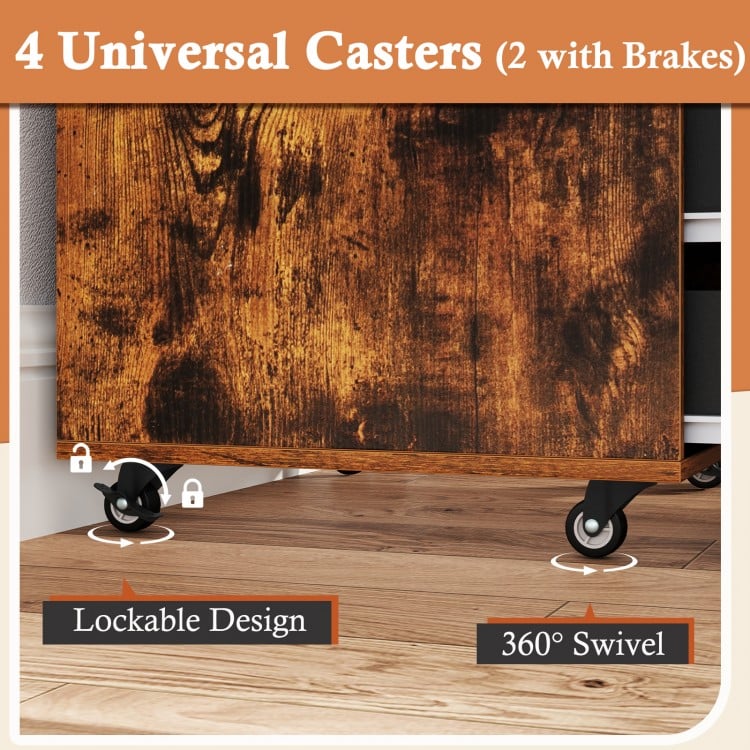 Close-up of the mobile filing cabinet's universal casters, featuring a lockable design and 360° swivel for easy.