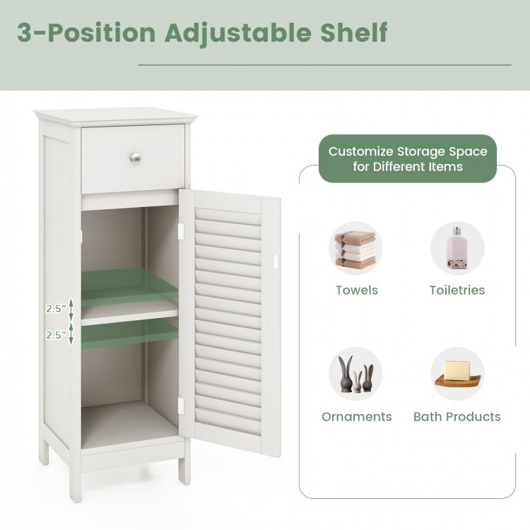 White wooden bathroom storage cabinet with adjustable shelves and shutter door for organized storage and air.