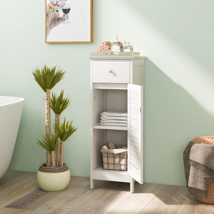Slim white wooden bathroom storage cabinet with shutter door, adjustable shelf, and drawer for organized essentials.