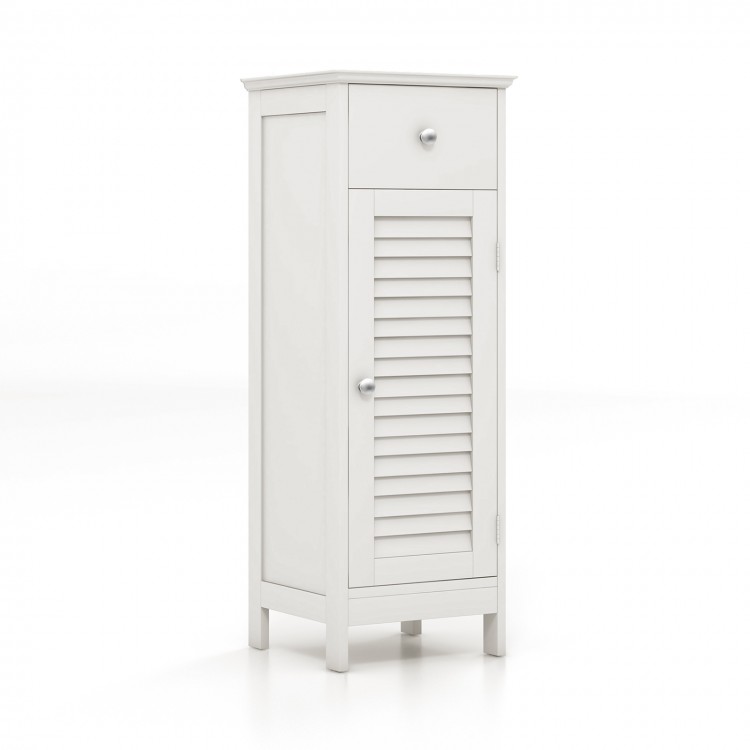 Slim white wooden bathroom storage cabinet with shutter door and adjustable shelf for organized essentials.
