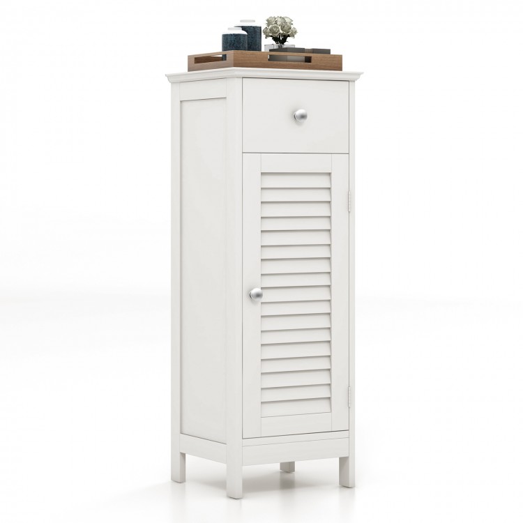 Top view of the Woodern Bathroom Floor Storage Cabinet in white, showcasing the decorative top shelf for easy access.