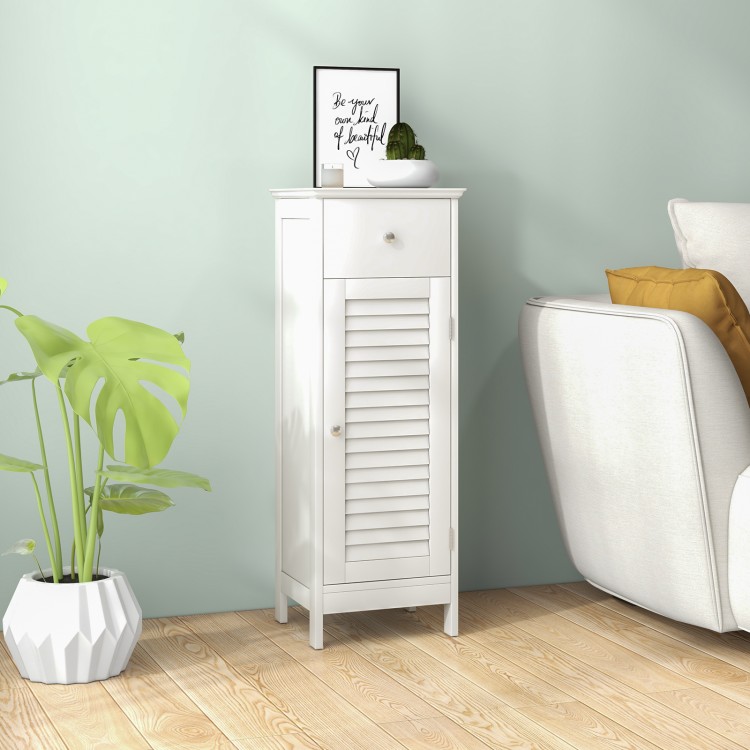 Slim white wooden bathroom storage cabinet with shutter door and adjustable shelf for organized storage and air.