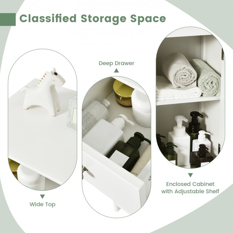 Slim white bathroom storage cabinet with adjustable shelf, deep drawer, and shutter door for organized essentials.