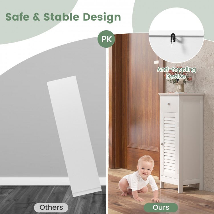 Wooden bathroom floor storage cabinet in white with shutter door and adjustable shelf for organized storage and air.