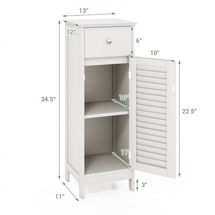 Slim white wooden bathroom storage cabinet with shutter door, adjustable shelves, and a drawer for organized storage.