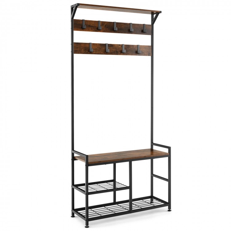 Industrial coat rack stand with 9 hooks and shoe bench, made of metal and engineered wood, perfect for hallway.