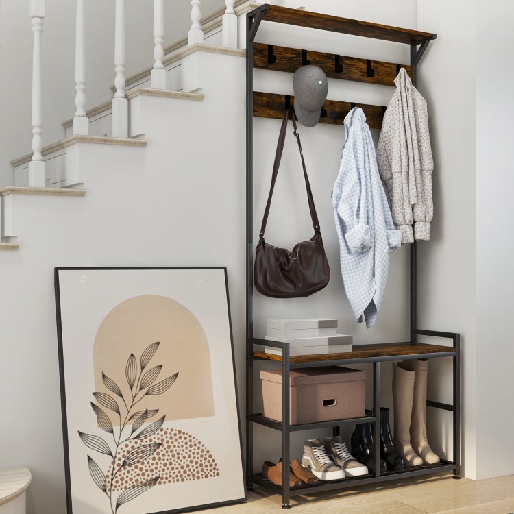 3-in-1 industrial coat rack stand with 9 hooks and shoe bench, made of metal and engineered wood, perfect for hallway.