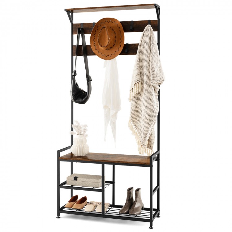 3-in-1 industrial coat rack stand with 9 hooks and shoe bench, made of metal and engineered wood for hallway.