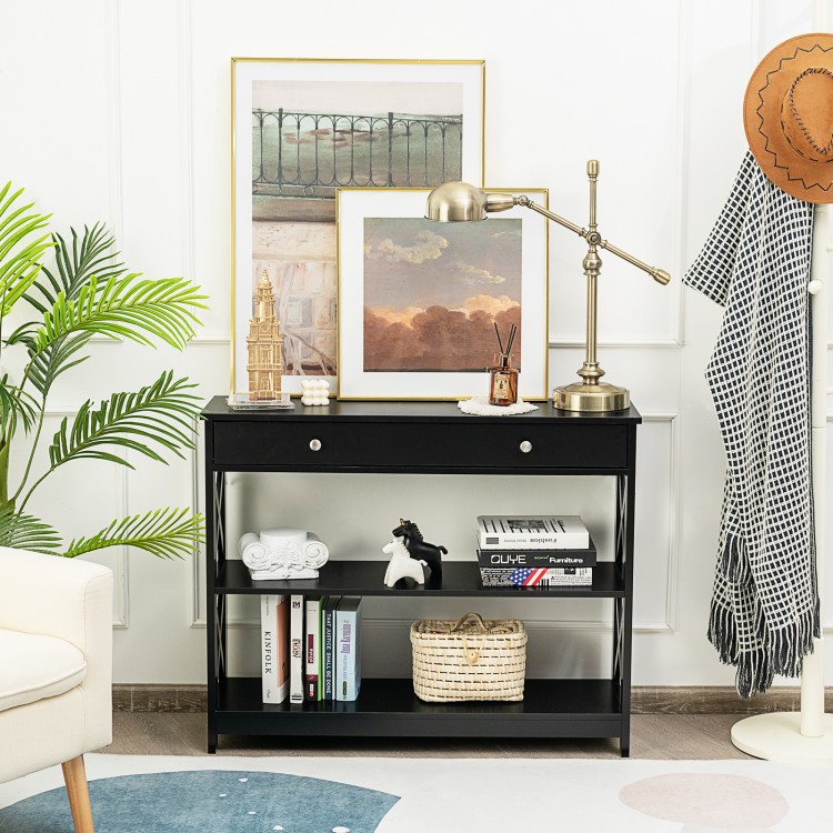 Black console table with 3 tiers and drawer, ideal for entryway or living room storage and decor.