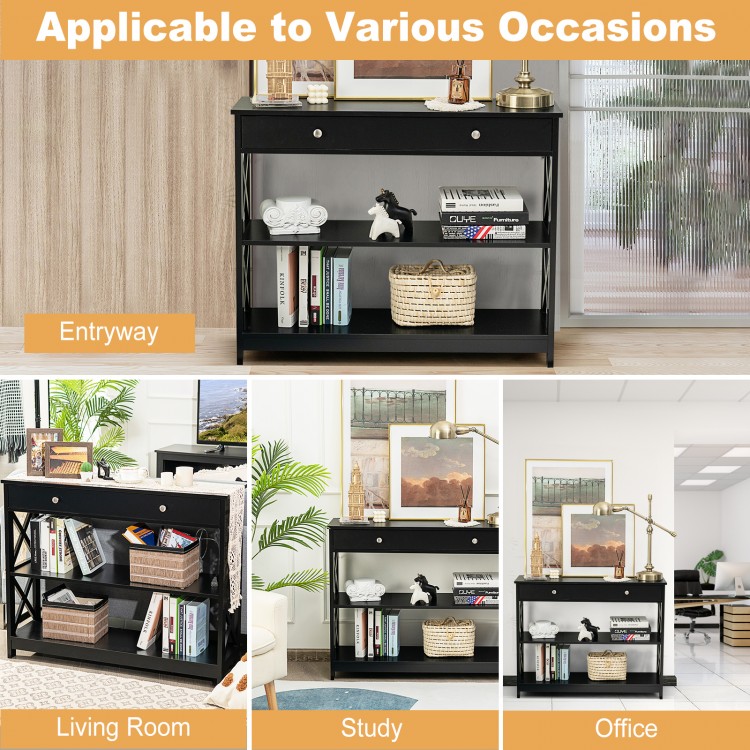 3-tier black console table with drawer and shelves, perfect for entryway, living room, or office storage.