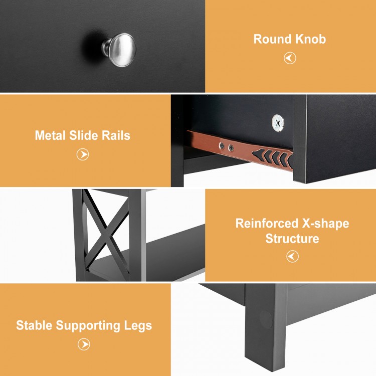 Close-up of the console table's round knob and metal slide rails, showcasing its black finish and functional design.