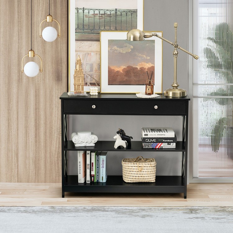 Black console table with 3 tiers and drawer, ideal for entryway or living room storage and stylish home décor.