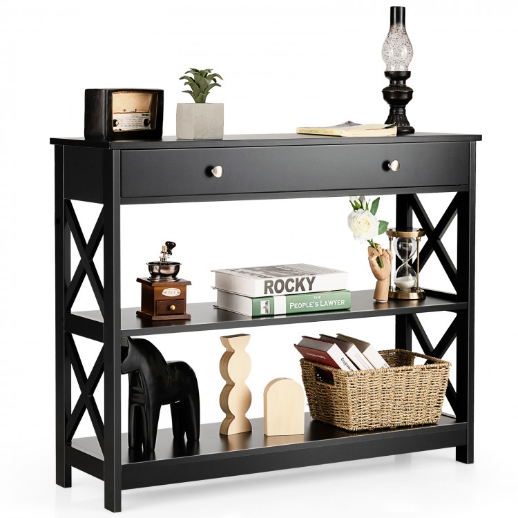 Black 3-tier console table with drawer and storage shelves, ideal for entryway or living room decor.