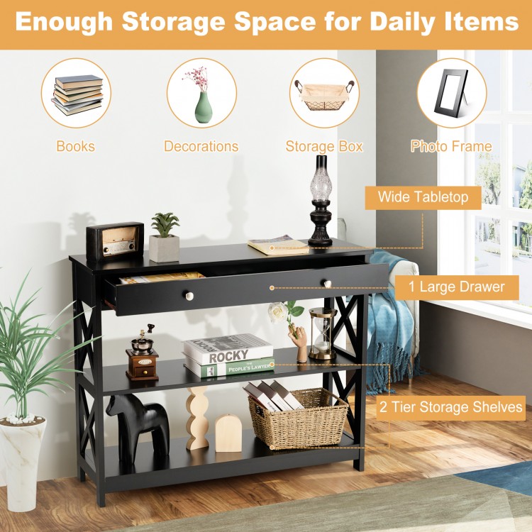 Black console table featuring a wide tabletop, large drawer, and 2-tier storage shelves for versatile home organization.