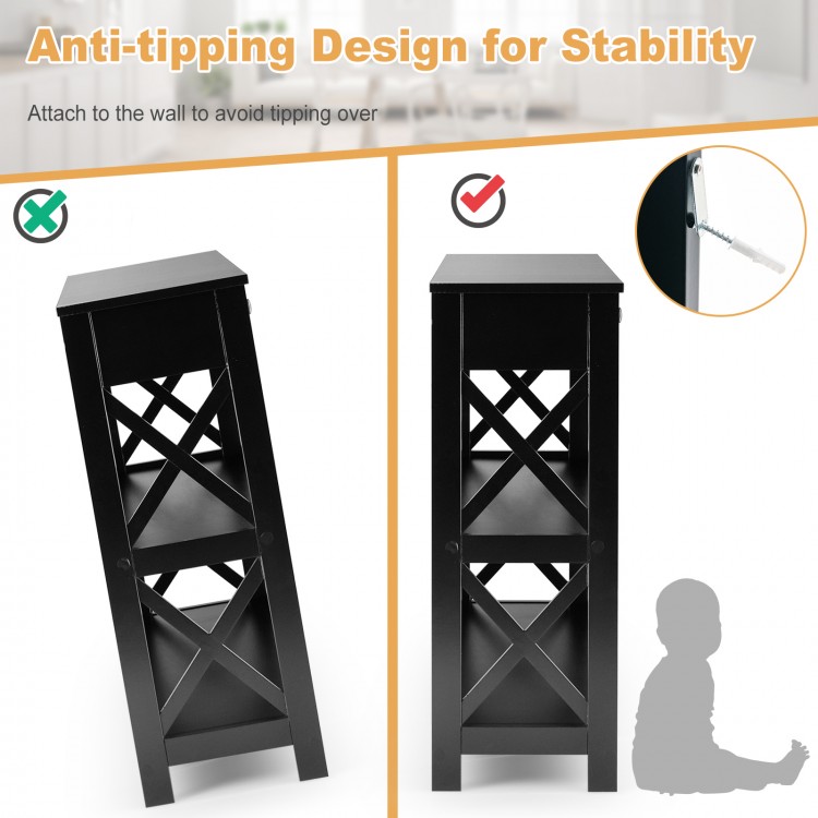 Console table showing anti-tipping design, featuring a black finish and X structure for added stability and safety.