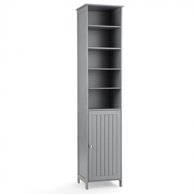 Tall gray bathroom storage cabinet with five shelves and a cupboard, ideal for compact spaces and organized storage.