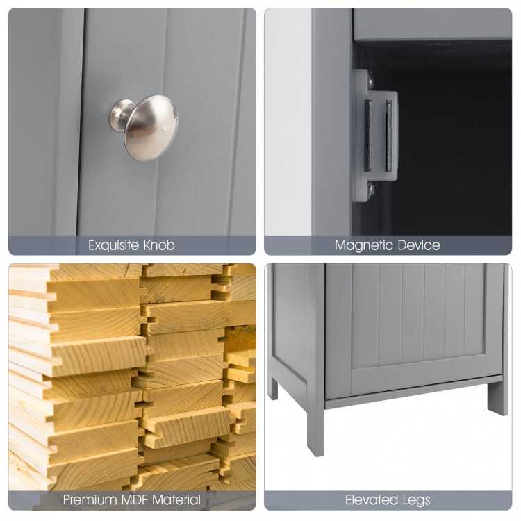 Close-up of the gray bathroom storage cabinet's exquisite knob and premium MDF material, ideal for compact spaces.
