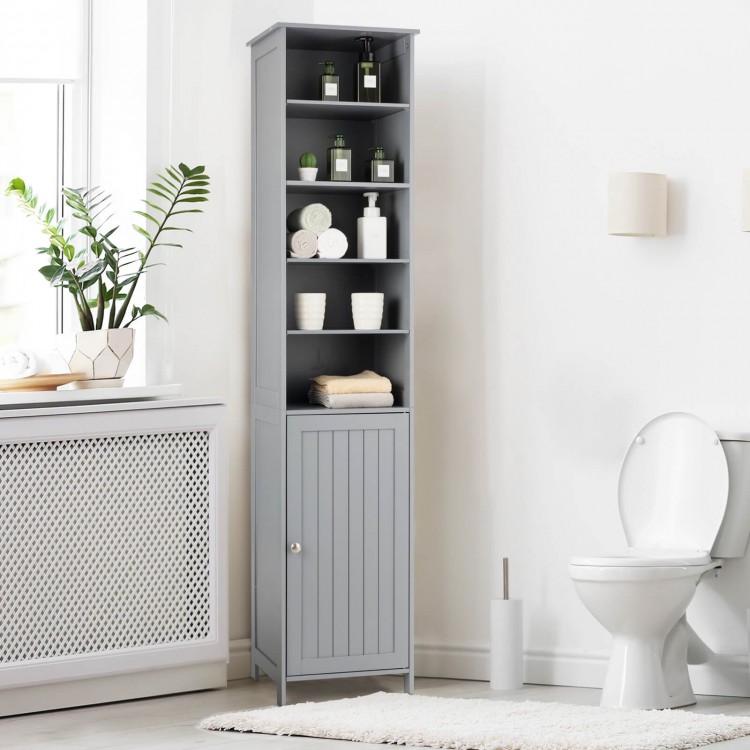 Tall gray bathroom storage cabinet with five shelves and a cupboard, perfect for maximizing space and organizing.