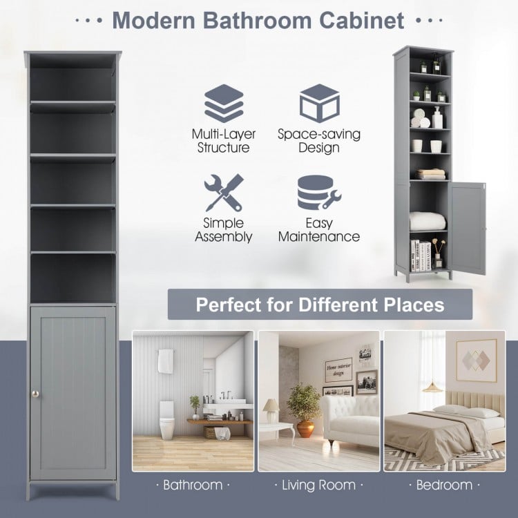 Gray 72-inch tall bathroom storage cabinet with five shelves and a cupboard, ideal for space-saving in various rooms.