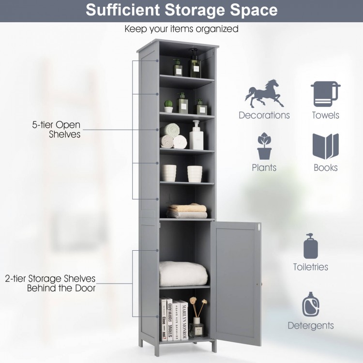 Tall gray bathroom storage cabinet with 5 open shelves and a cupboard, ideal for organizing toiletries and decorations.