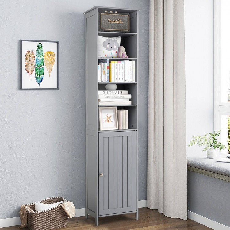 Tall gray bathroom storage cabinet with five shelves and a cupboard, ideal for compact spaces and versatile storage.