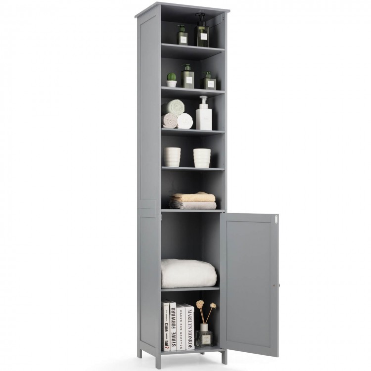 Tall gray bathroom storage cabinet with five shelves and a cupboard, perfect for compact space organization.