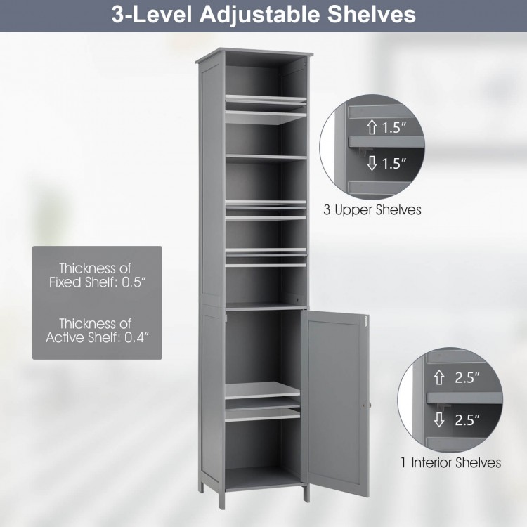 Tall gray bathroom storage cabinet with five adjustable shelves and a door, perfect for compact spaces and organization.