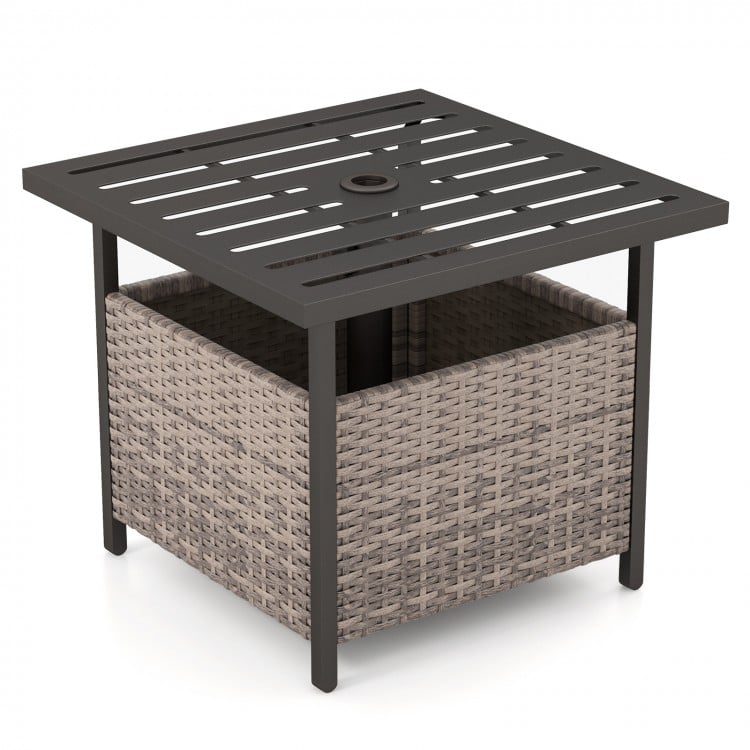 Gray outdoor patio rattan wicker side deck table with steel frame, umbrella hole, and storage for versatile use.