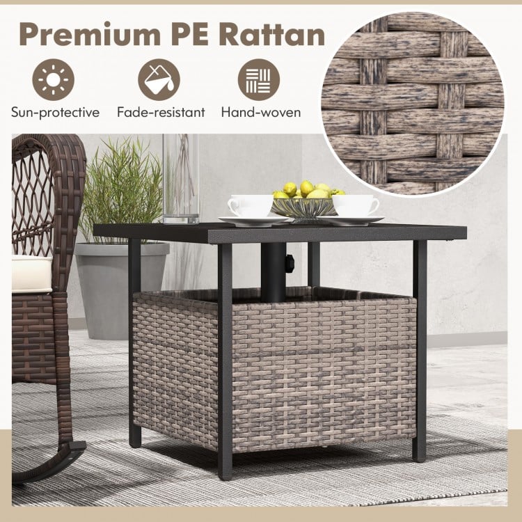 Gray outdoor patio rattan wicker side deck table with umbrella hole, featuring a sturdy steel frame and storage.
