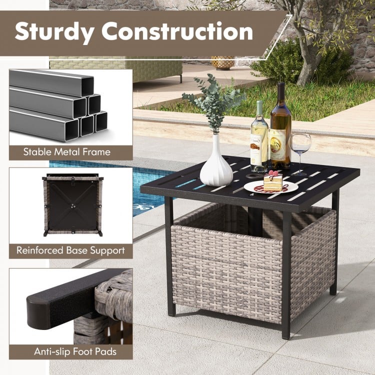 Gray outdoor patio rattan wicker side deck table with sturdy steel frame and umbrella hole, perfect for outdoor use.