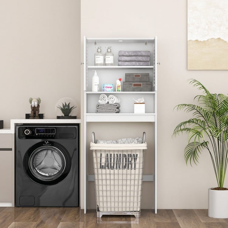 Over-the-toilet storage cabinet with double doors, adjustable shelf, and modern design for organized bathroom space.