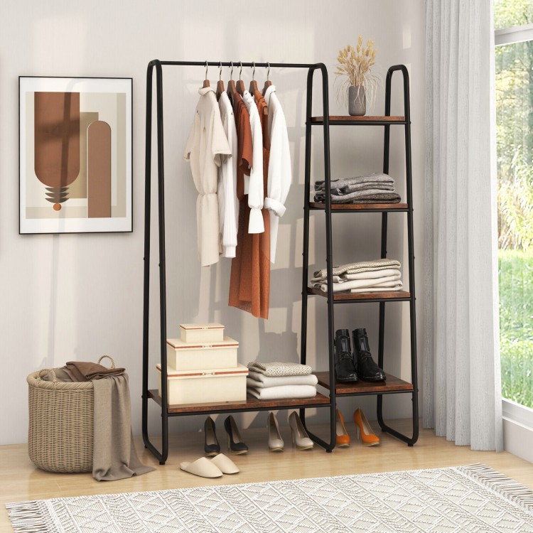 Free-standing clothes rack with metal frame, featuring 5 shelves and a hanging rod for organized storage in any space.