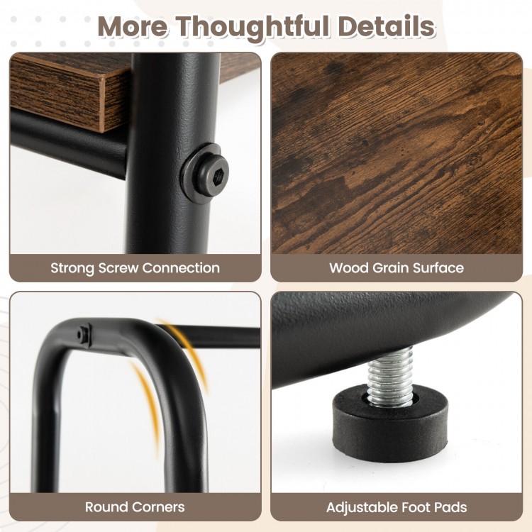 Close-up of the metal frame and wood grain surface of the free-standing clothes rack with adjustable foot pads.