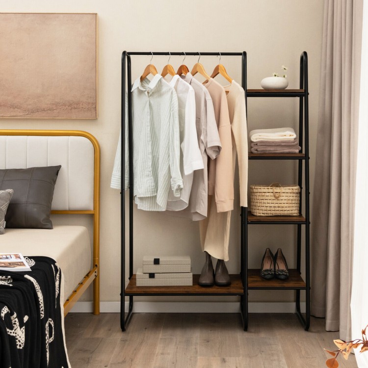 Clothes rack with a sleek metal design, showcasing 4 small shelves for shoes and bags alongside a hanging rod for.