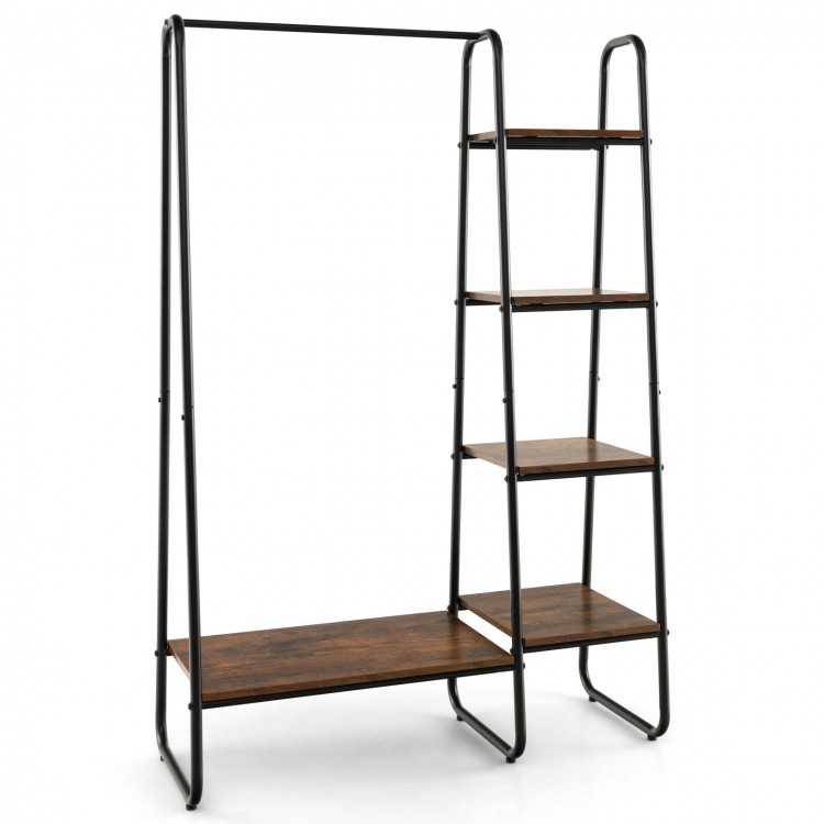 Free standing clothes rack with metal frame, featuring 5 shelves and a hanging rod for versatile storage solutions.